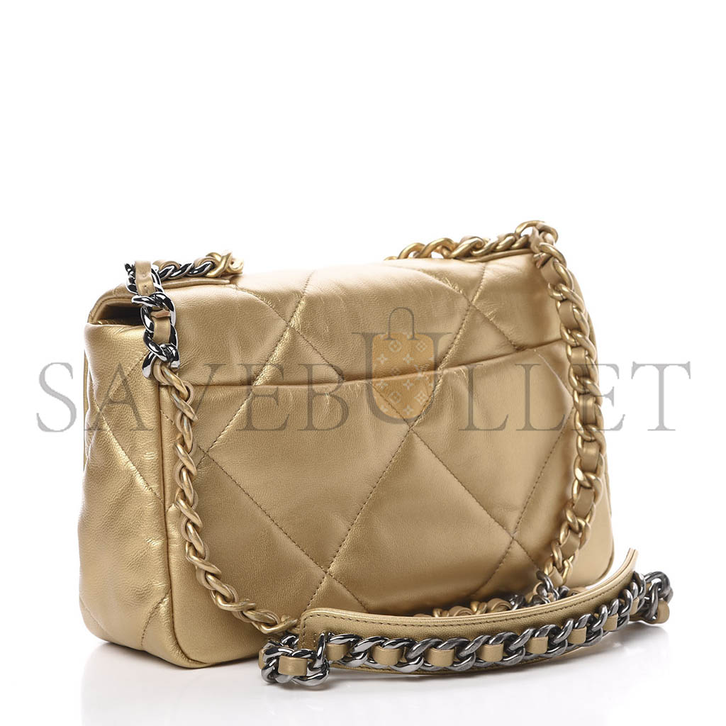 Ch*el 19 flap metallic goatskin quilted medium gold as0060 (26*16*9cm)
